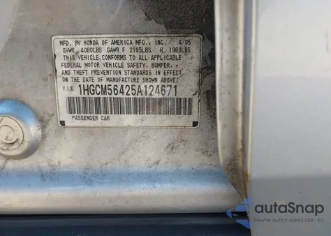 2005 Honda Accord 2.4 Lx from USA, damaged, VIN 1HGCM56425A124671